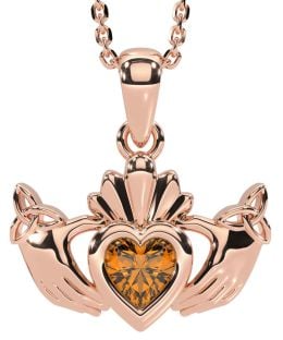 Citrine Rose Gold Silver Claddagh Trinity Knot Necklace