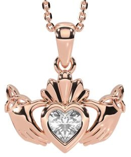 Diamond Rose Gold Silver Claddagh Trinity Knot Necklace