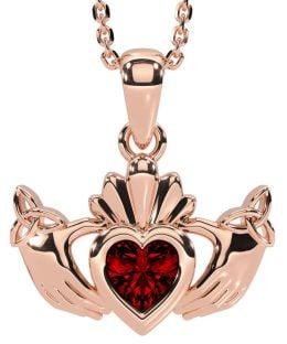 Garnet Rose Gold Silver Claddagh Trinity Knot Necklace