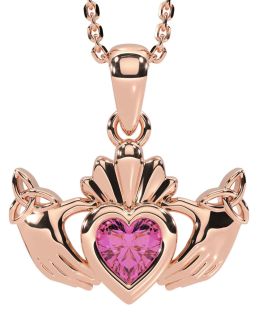 Pink Tourmaline Rose Gold Silver Claddagh Trinity Knot Necklace