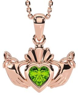 Peridot Rose Gold Silver Claddagh Trinity Knot Necklace