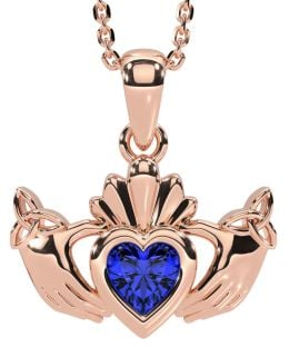 Sapphire Rose Gold Silver Claddagh Trinity Knot Necklace