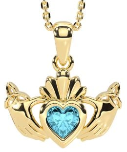 Aquamarine Gold Silver Claddagh Trinity Knot Necklace