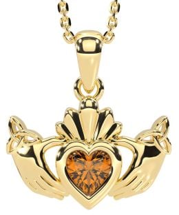 Citrine Gold Silver Claddagh Trinity Knot Necklace