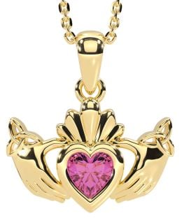 Pink Tourmaline Gold Silver Claddagh Trinity Knot Necklace