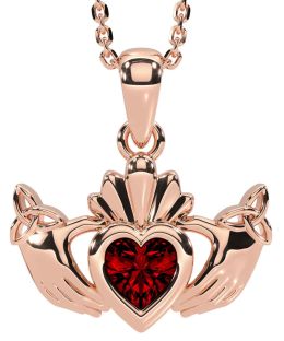 Garnet Rose Gold Claddagh Trinity Knot Necklace