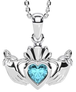 Aquamarine Silver Claddagh Trinity Knot Necklace