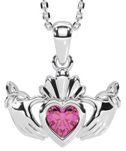 Pink Tourmaline Silver Claddagh Trinity Knot Necklace