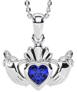 Sapphire Silver Claddagh Trinity Knot Necklace