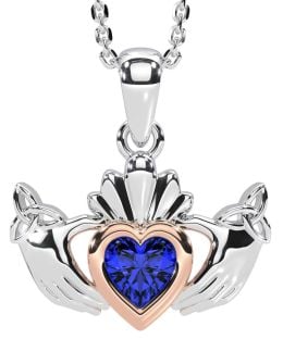 Sapphire Rose Gold Silver Claddagh Trinity Knot Necklace