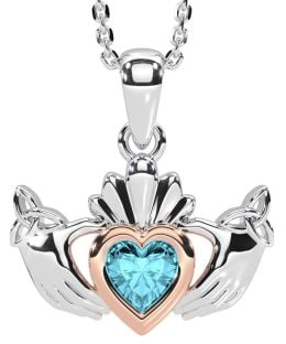 Aquamarine White Rose Gold Claddagh Trinity Knot Necklace