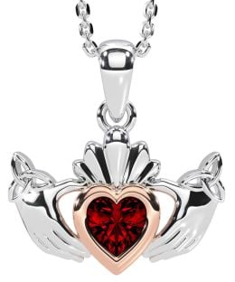 Garnet White Rose Gold Claddagh Trinity Knot Necklace