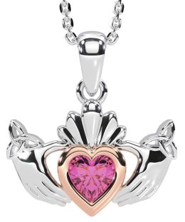 Pink Tourmaline White Rose Gold Claddagh Trinity Knot Necklace