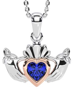 Sapphire White Rose Gold Claddagh Trinity Knot Necklace