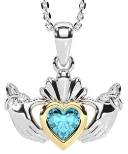 Aquamarine White Yellow Gold Claddagh Trinity Knot Necklace