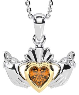 Citrine White Yellow Gold Claddagh Trinity Knot Necklace