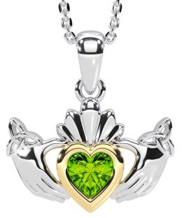 Peridot White Yellow Gold Claddagh Trinity Knot Necklace