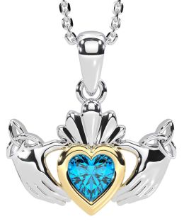 Topaz White Yellow Gold Claddagh Trinity Knot Necklace