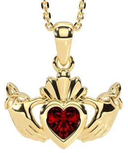 Garnet Gold Claddagh Trinity Knot Necklace