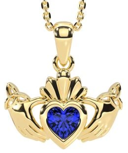 Sapphire Gold Claddagh Trinity Knot Necklace