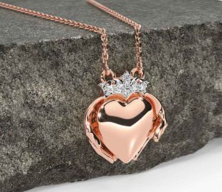 Diamond Rose Gold Silver Claddagh Necklace