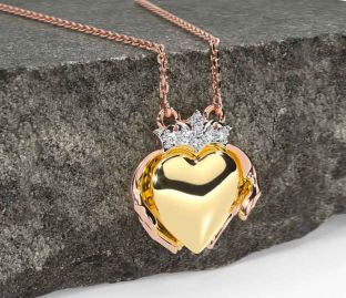 Diamond Rose Yellow Gold & Silver Claddagh Necklace