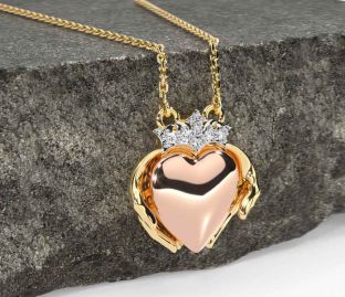 Diamond Rose Yellow Gold Claddagh Necklace