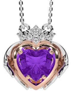 Diamond Amethyst Rose Gold Silver Claddagh Necklace