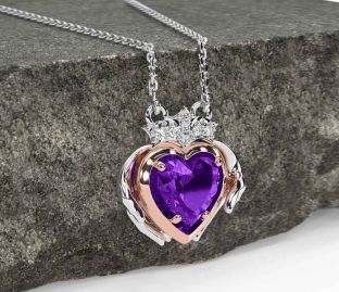 Diamond Amethyst Rose Gold Silver Claddagh Necklace
