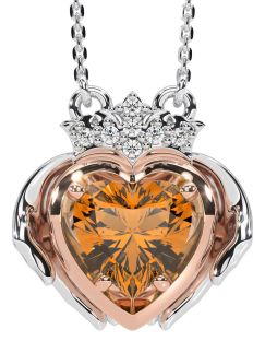 Diamond Citrine Rose Gold Silver Claddagh Necklace