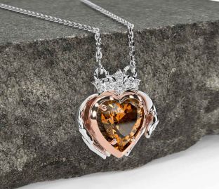 Diamond Citrine Rose Gold Silver Claddagh Necklace