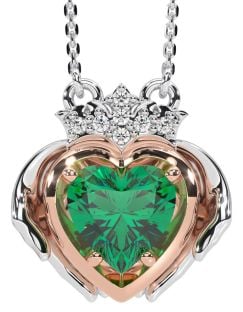 Diamond Emerald Rose Gold Silver Claddagh Necklace