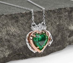 Diamond Emerald Rose Gold Silver Claddagh Necklace