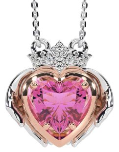 Diamond Pink Tourmaline Rose Gold Silver Claddagh Necklace