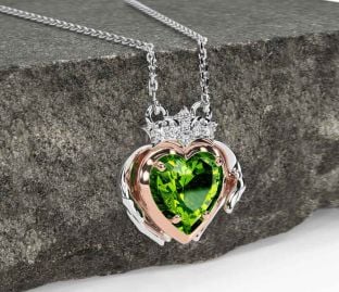 Diamant Peridot Růže Zlato stříbrný Claddaghová Náhrdelník