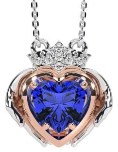 Diamond Sapphire Rose Gold Silver Claddagh Necklace