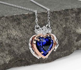 Diamond Sapphire Rose Gold Silver Claddagh Necklace