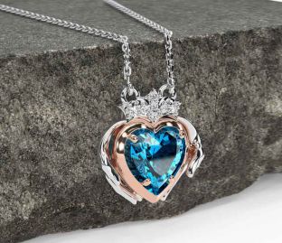 Diamond Topaz Rose Gold Silver Claddagh Necklace