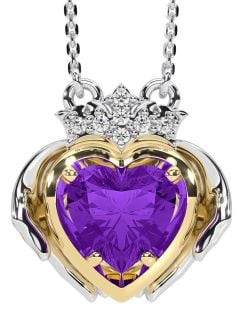 Diamond Amethyst Gold Silver Claddagh Necklace