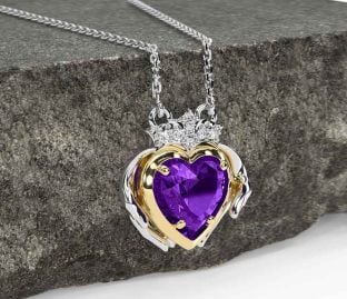 Diamond Amethyst Gold Silver Claddagh Necklace