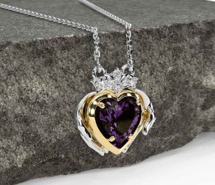 Diamond Alexandrite Gold Silver Claddagh Necklace