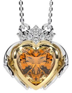 Diamond Citrine Gold Silver Claddagh Necklace