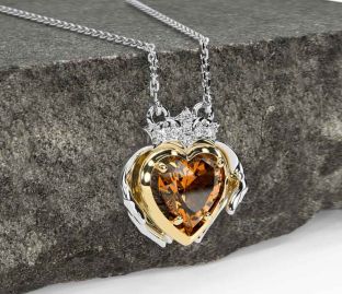 Diamond Citrine Gold Silver Claddagh Necklace