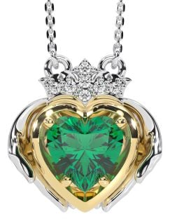 Diamond Emerald Gold Silver Claddagh Necklace