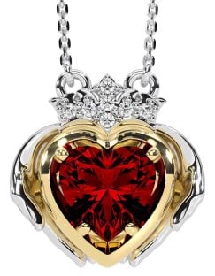 Diamond Garnet Gold Silver Claddagh Necklace