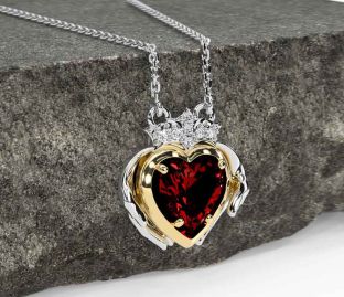 Diamond Garnet Gold Silver Claddagh Necklace