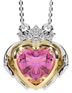 Diamond Pink Tourmaline Gold Silver Claddagh Necklace