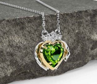 Diamond Peridot Gold Silver Claddagh Necklace