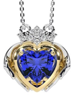 Diamond Sapphire Gold Silver Claddagh Necklace