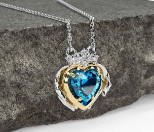Diamond Topaz Gold Silver Claddagh Necklace